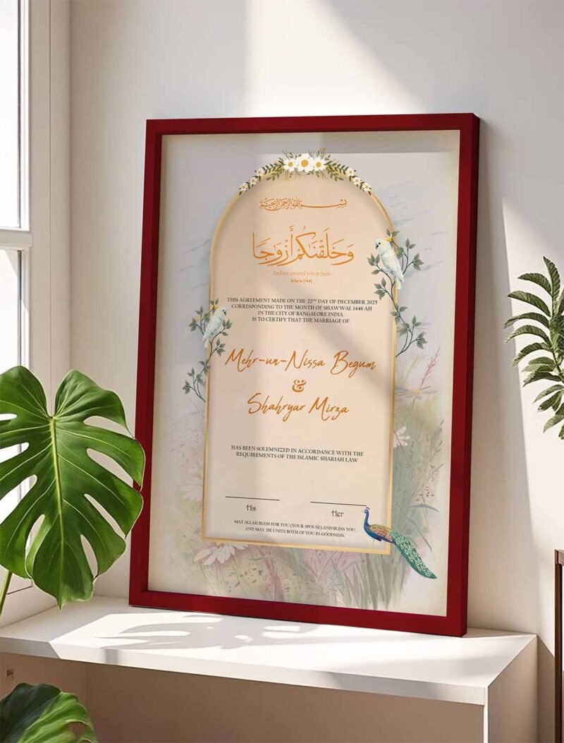 Birds Theme Nikkah Certificate with Maroon Wooden Frame