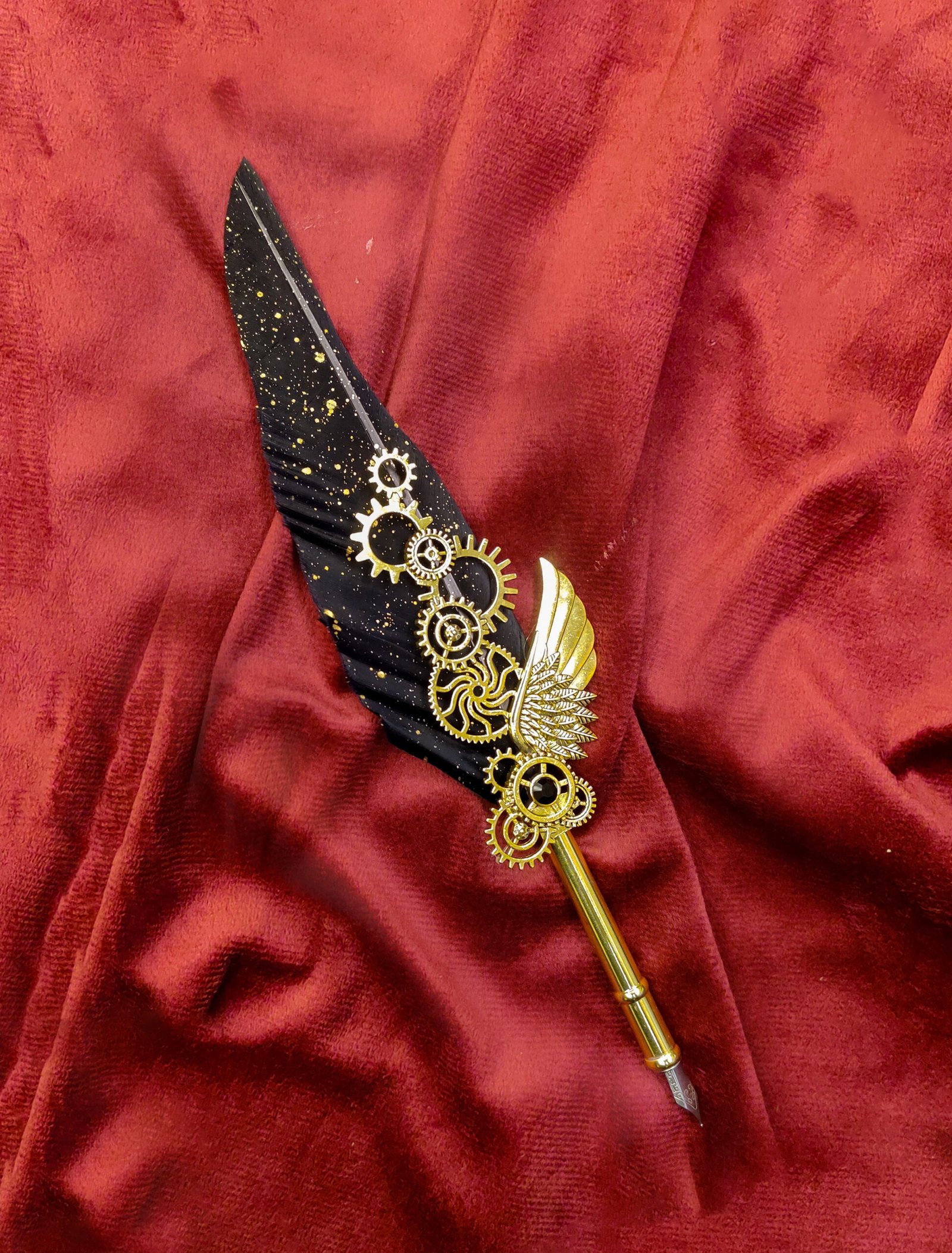 Vintage Quill Pen with Feather - Black Gold Metallic Dip Pen