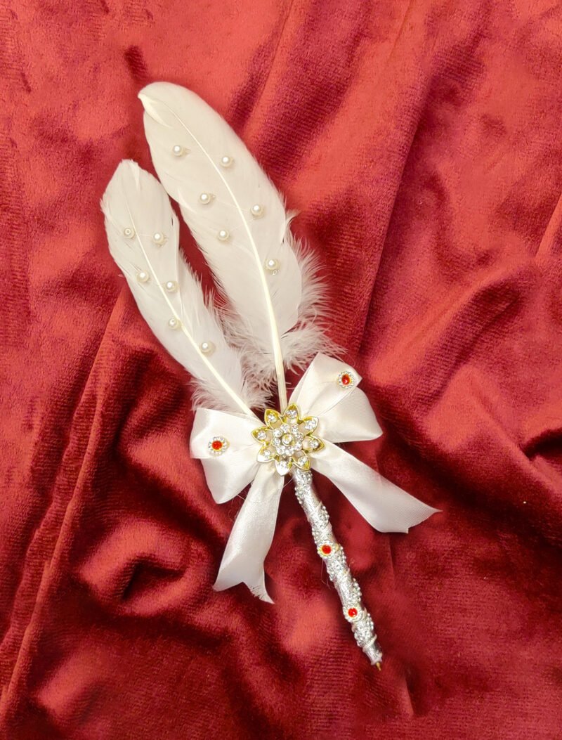 White Bow Nikkah Pen Design with Feathers