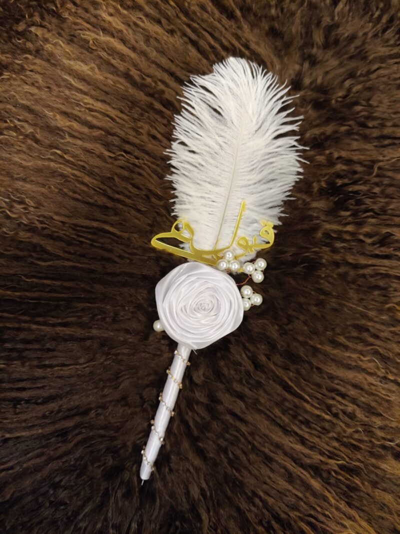 White Ribbon Flower Nikkah Pen and Feather - The Framers