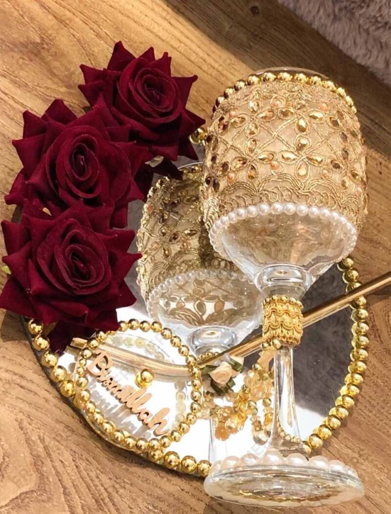 Luxe Gold Lace Doodh Pilai Glass Set with Heart Mirror Tray