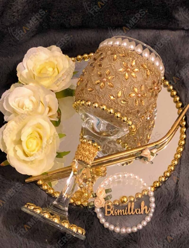 Luxe Gold Lace Doodh Pilai Glass with Round Mirror Tray
