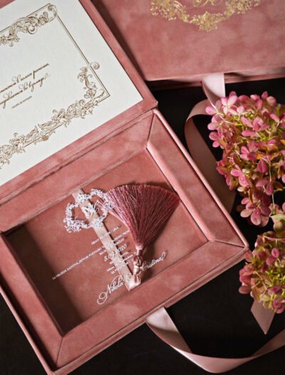 Modern Velvet & Acrylic Invitation Box with Tassel (Dusty Rose)