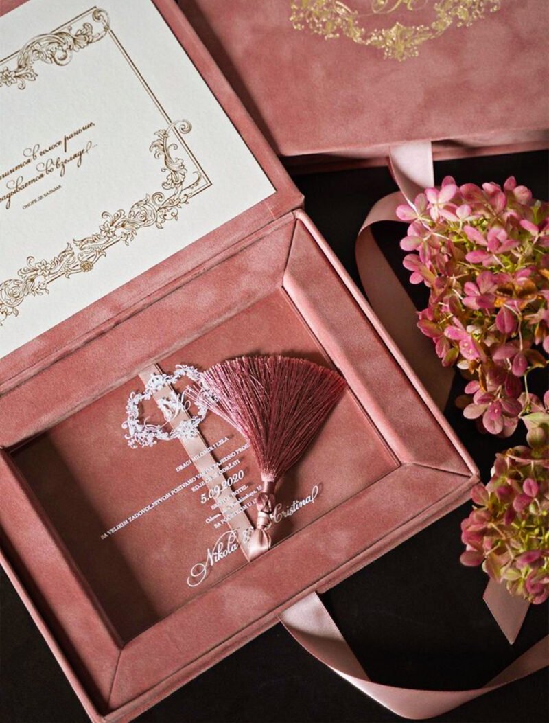 Modern Velvet & Acrylic Invitation Box with Tassel (Dusty Rose)