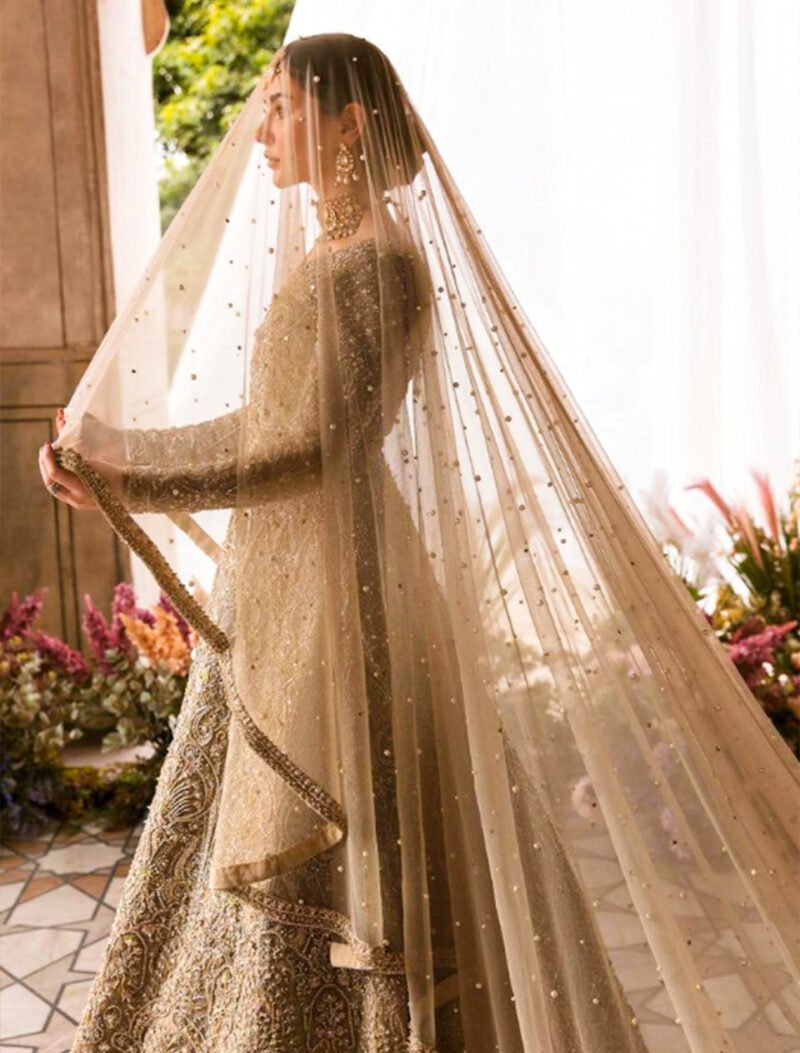 Ethereal Pearl Nikkah Veil Dupatta (Beige/Gold Sheer Net)