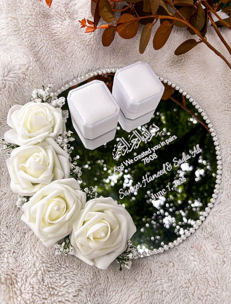 Custom White Rose Ring Tray with Quranic Verse & Pearl Border