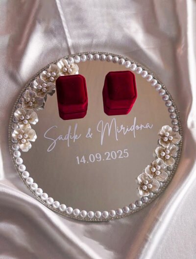 Elegant Pearl Flower Ring Tray with Custom Names