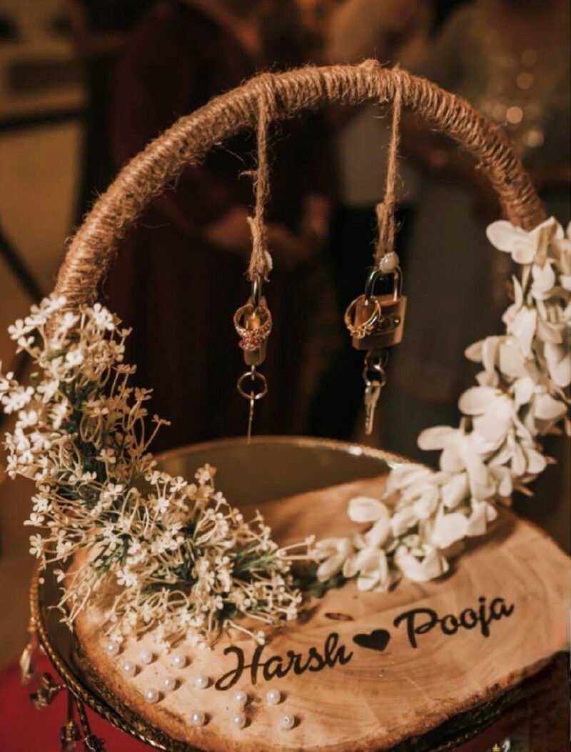 Rustic Wood Ring Tray with Engraved Names & Jute Handle