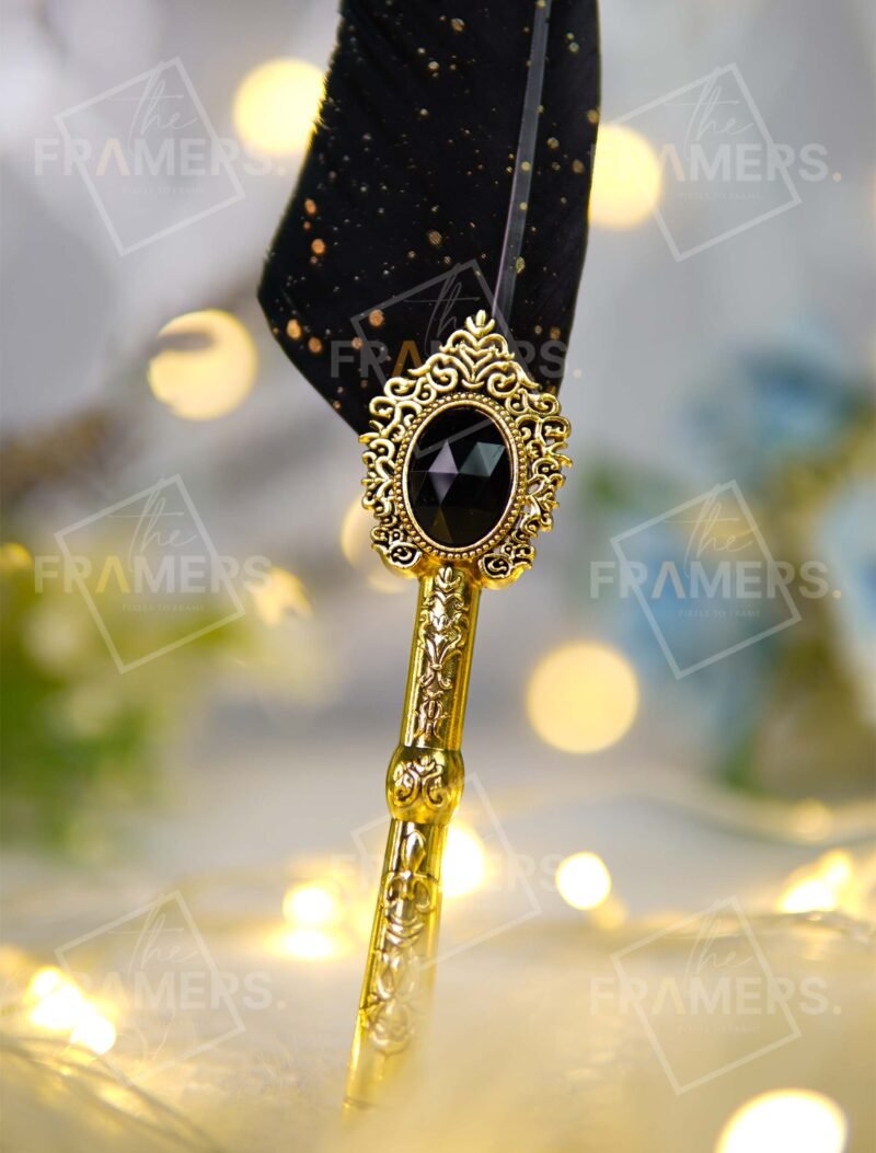 Black Gold-Splatter Feather Nikkah Pen with Antique Gold Baroque