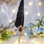 Black Gold-Splatter Feather Nikkah Pen with Antique Gold Baroque Black Gem Handle