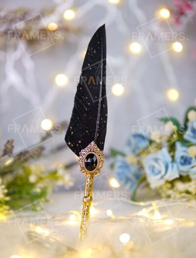 Black Gold-Splatter Feather Nikkah Pen with Antique Gold Baroque Black Gem Handle