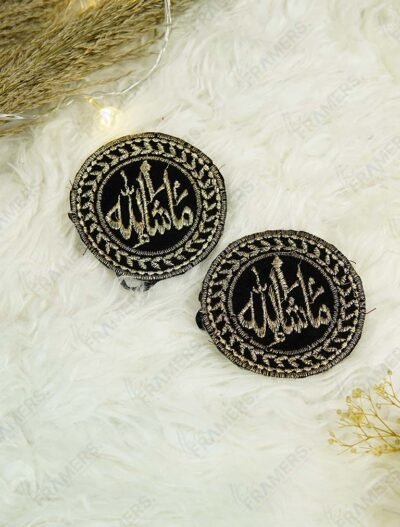 Black velvet round Mashallah Imam Zamin set of 2 with silver embroidery and laurel wreath border – The Framers Pakistan