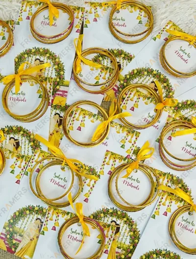 Traditional favor cards holding bangles with bride and groom illustration