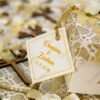 Personalised square tag on damask patterned Nikkah bid boxes