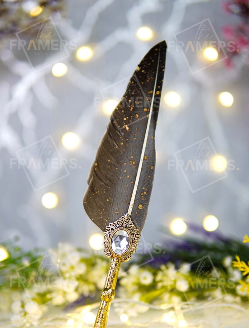 Dark Grey Gold-Splatter Feather Nikkah Pen