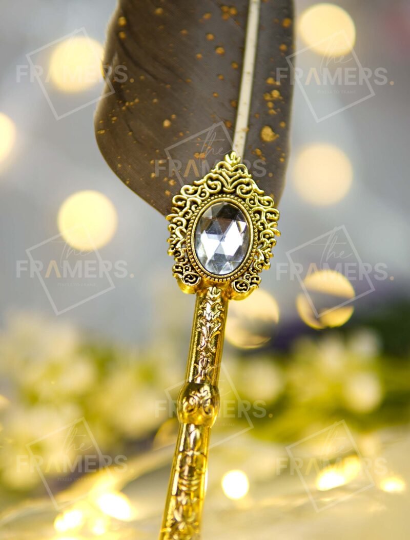 Dark Grey Gold-Splatter Feather Nikkah Pen with Antique Gold Baroque Crystal Handle