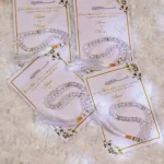 Nikkah favor cards featuring a delicate clear crystal tasbeeh