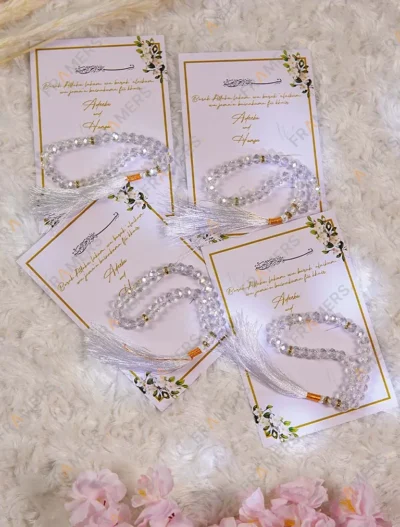 Nikkah favor cards featuring a delicate clear crystal tasbeeh