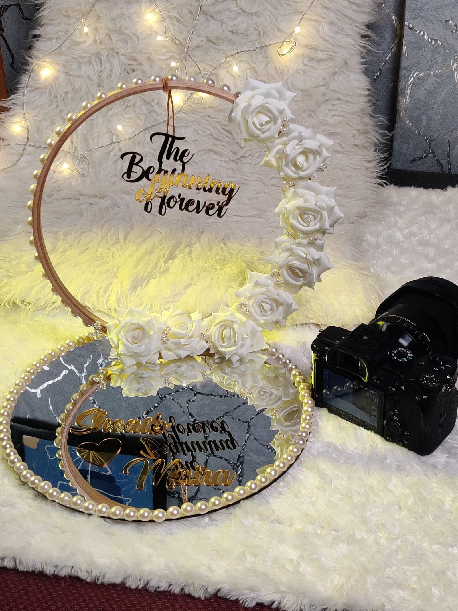 Luxury Ring Tray with arch and glass base, a professional camera placed near this.