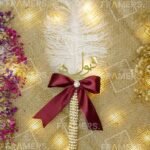 Ivory Feather Nikkah Pen with Gold Qubool Hai Acrylic & Maroon Satin Bow