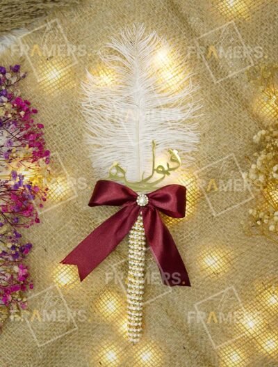 Ivory Feather Nikkah Pen with Gold Qubool Hai Acrylic & Maroon Satin Bow