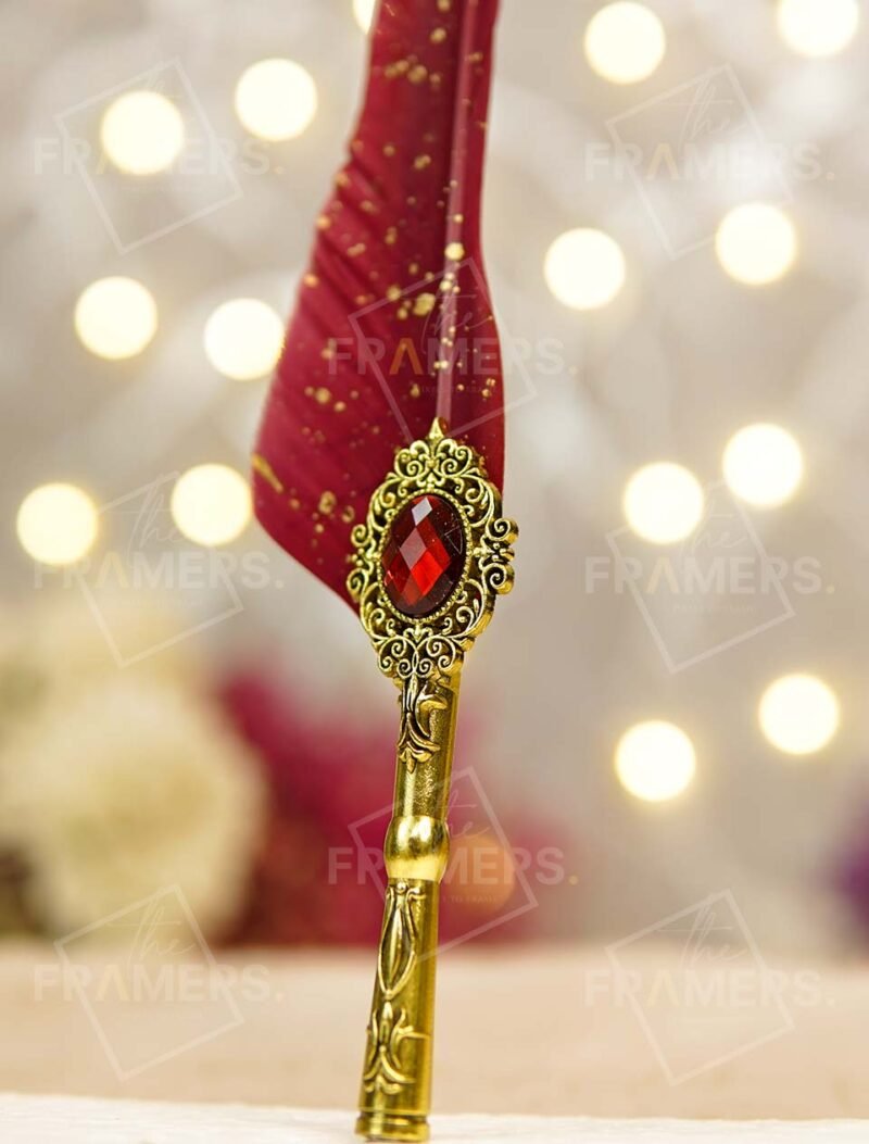 Maroon Gold-Splattered Feather Nikkah Pen with Antique Gold