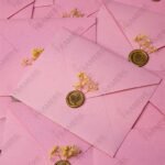 Pink acrylic transparent wedding invitation with gold floral arch on pink envelope