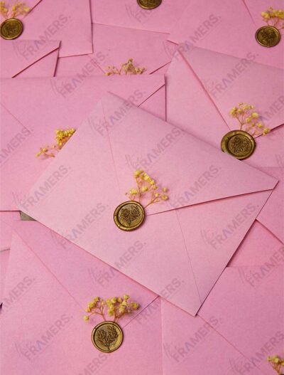 Pink acrylic transparent wedding invitation with gold floral arch on pink envelope