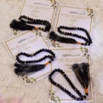 Elegant Nikkah favor cards designed to hold black pearl tasbeehs