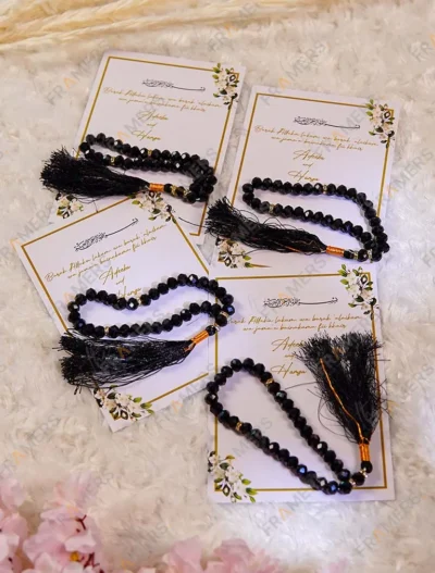 Elegant Nikkah favor cards designed to hold black pearl tasbeehs