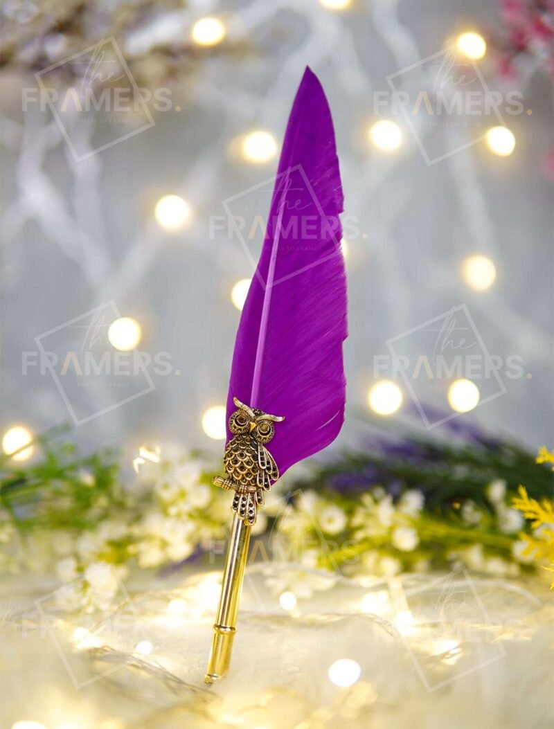 Purple Feather Quill Nikkah Pen with Antique Gold Owl Handle
