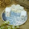 White rose cascade mirror ring tray with customized Bible verse, pearl border, and personalized names