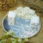 White rose cascade mirror ring tray with customized Bible verse, pearl border, and personalized names