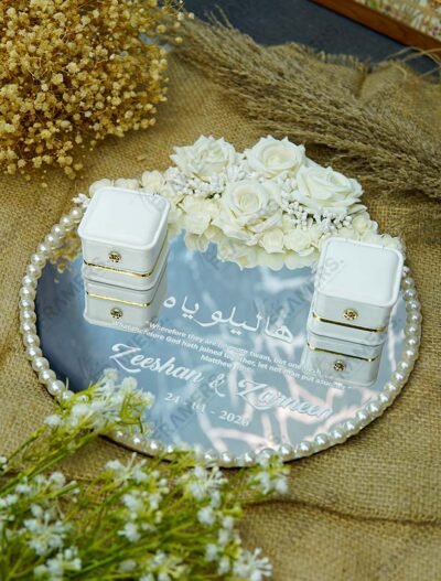 White rose cascade mirror ring tray with customized Bible verse, pearl border, and personalized names
