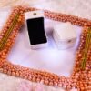 Rose gold pearl square ring plate with gold handles, ring boxes, and pink flower accent