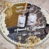 Mirror engagement ring tray with crystal ring holders, floral pearl border, and personalized calligraphy names