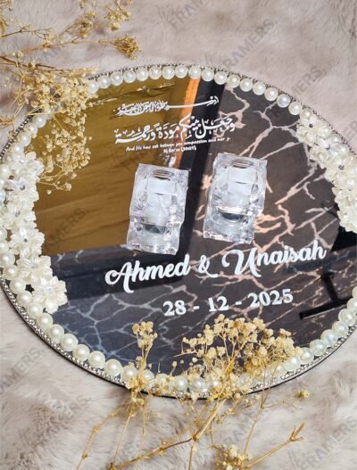 Mirror engagement ring tray with crystal ring holders, floral pearl border, and personalized calligraphy names