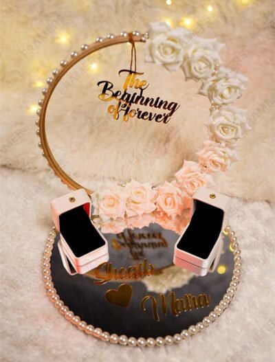 Alternate angle of "The Beginning of Forever" engagement ring platter with personalized gold names