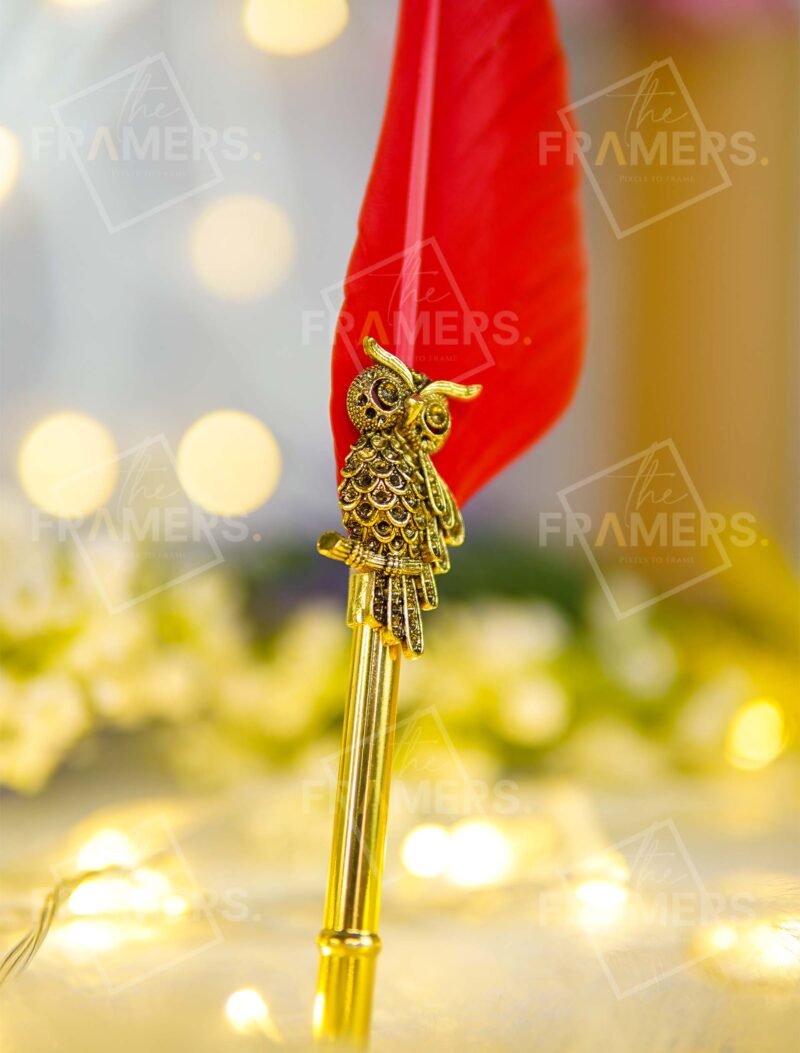 Red Feather Quill Nikkah Pen with Antique Gold Owl Handle