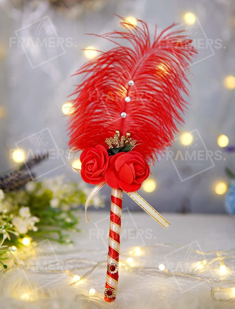 Red Ostrich Feather Nikkah Pen with Foam Roses, Gold Crown & Spiral Ribbon Handle
