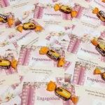 Romantic couple illustration engagement favor cards with chocolates