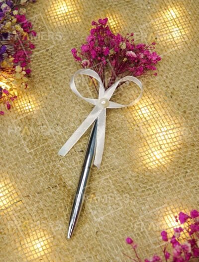 Silver Metal Nikkah Pen with Ivory Satin Bow & Pearl Centre