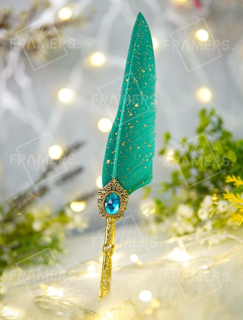 Teal Gold-Splatter Feather Nikkah Pen with Antique Gold Baroque Blue Gem Handle
