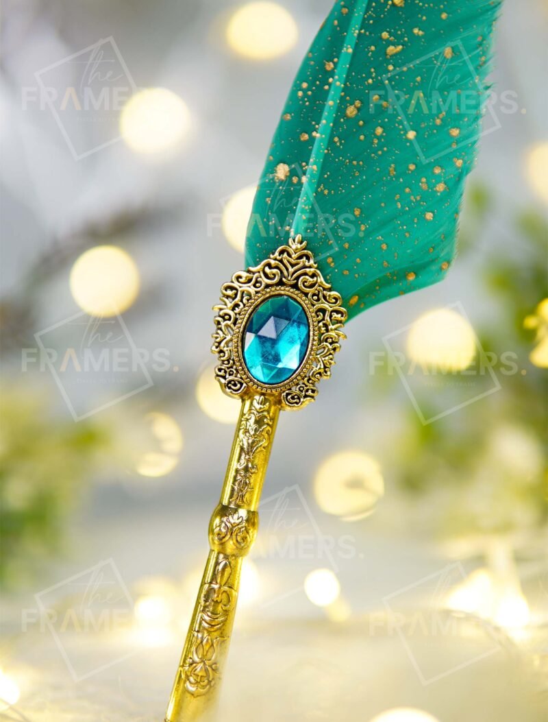 Teal Gold-Splatter Feather Nikkah Pen with Antique Gold Baroque