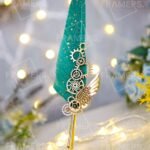 Teal Steampunk Gear & Wing Nikkah Pen Gold Feather Quill with Mechanical Handle