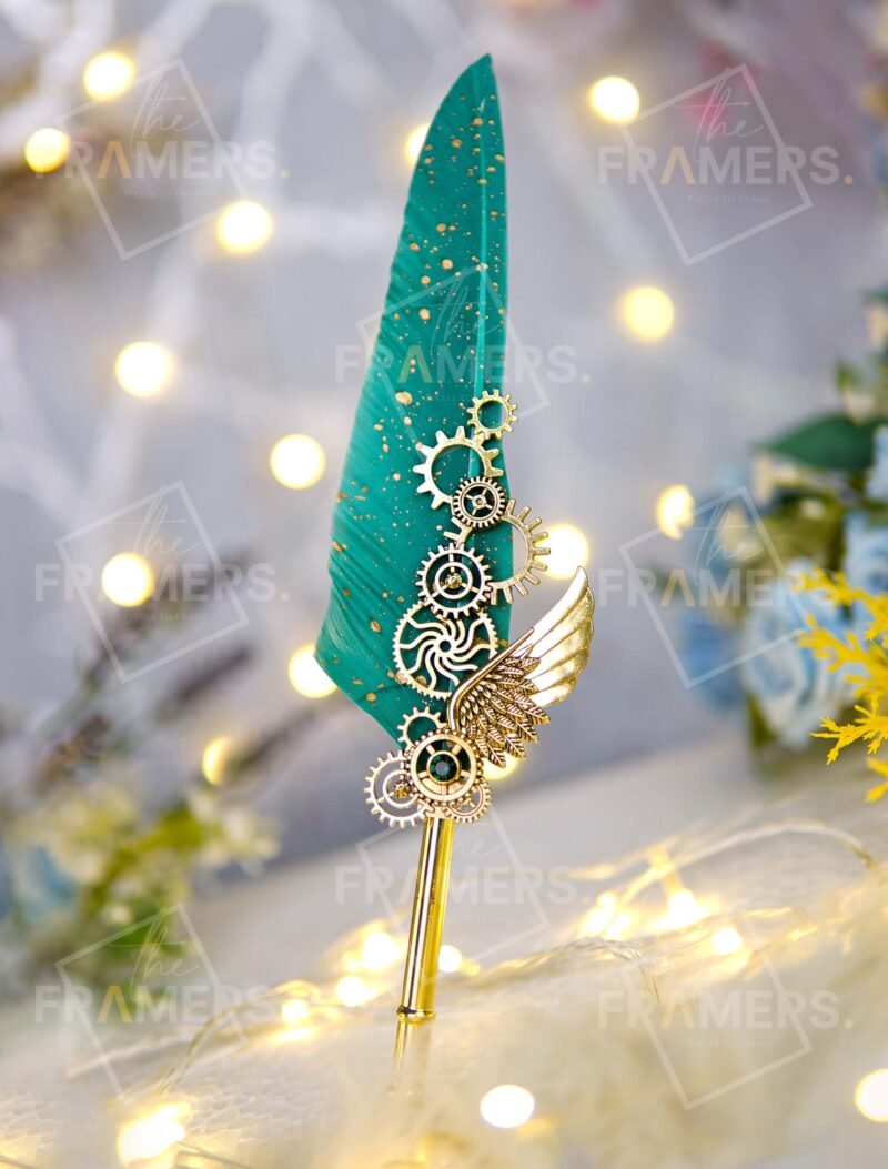 Teal Steampunk Gear & Wing Nikkah Pen Gold Feather Quill with Mechanical Handle