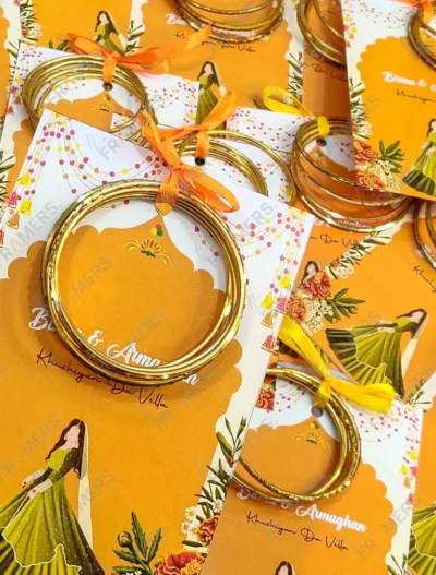 Multiple colorful bangle favor cards for pre-wedding celebrations
