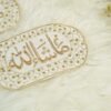 White ivory velvet capsule-shaped Mashallah Imam Zamin set of 2 with gold embroidery and scalloped stone border – The Framers