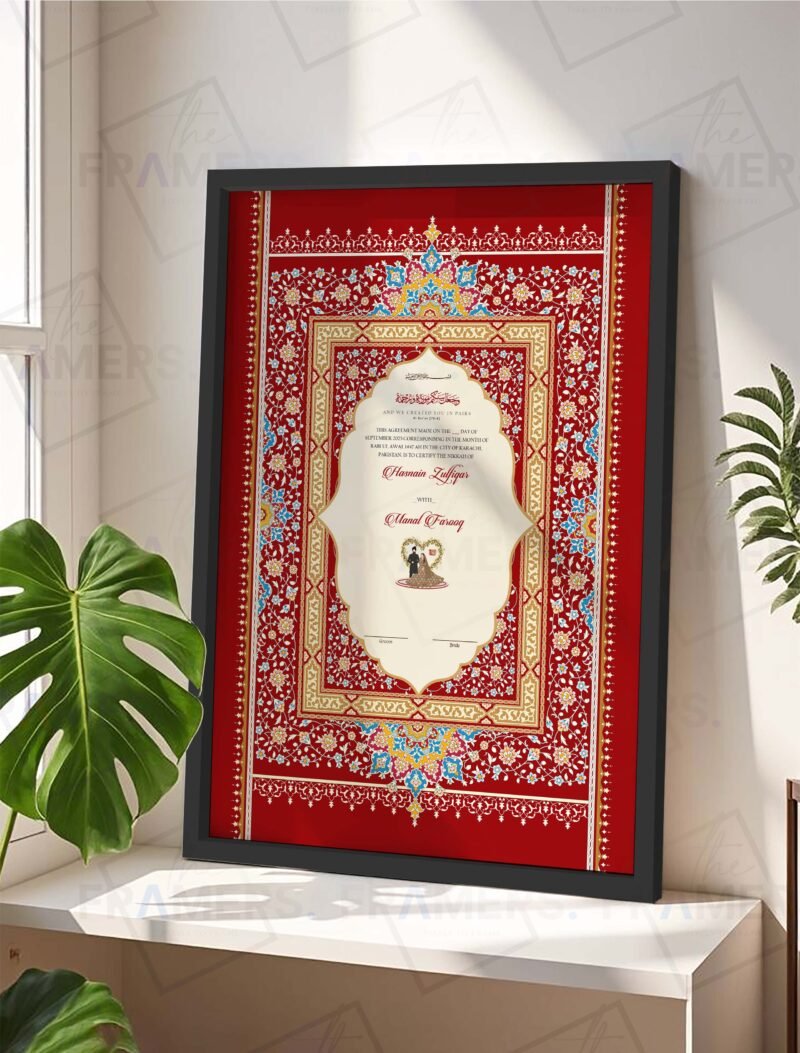 Red Mughal Nikkah certificate black frame