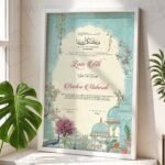 Blue Mughal Garden Nikkah Certificate with White Wooden Frame
